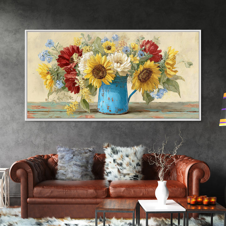 Sunflowers in a Blue Enamel Pitcher Canvas Print, Country Art, Farmhouse Decor, Country, Gallery Wall Art, Landscape Wall Art, COU-2x1-76