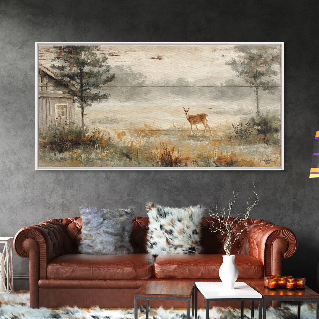 Deer Crossing a Misty Morning Field Framed Canvas Print, Country Art, French Country Decor, Farmhouse Decor, Fine Art, Country, COU-2x1-79