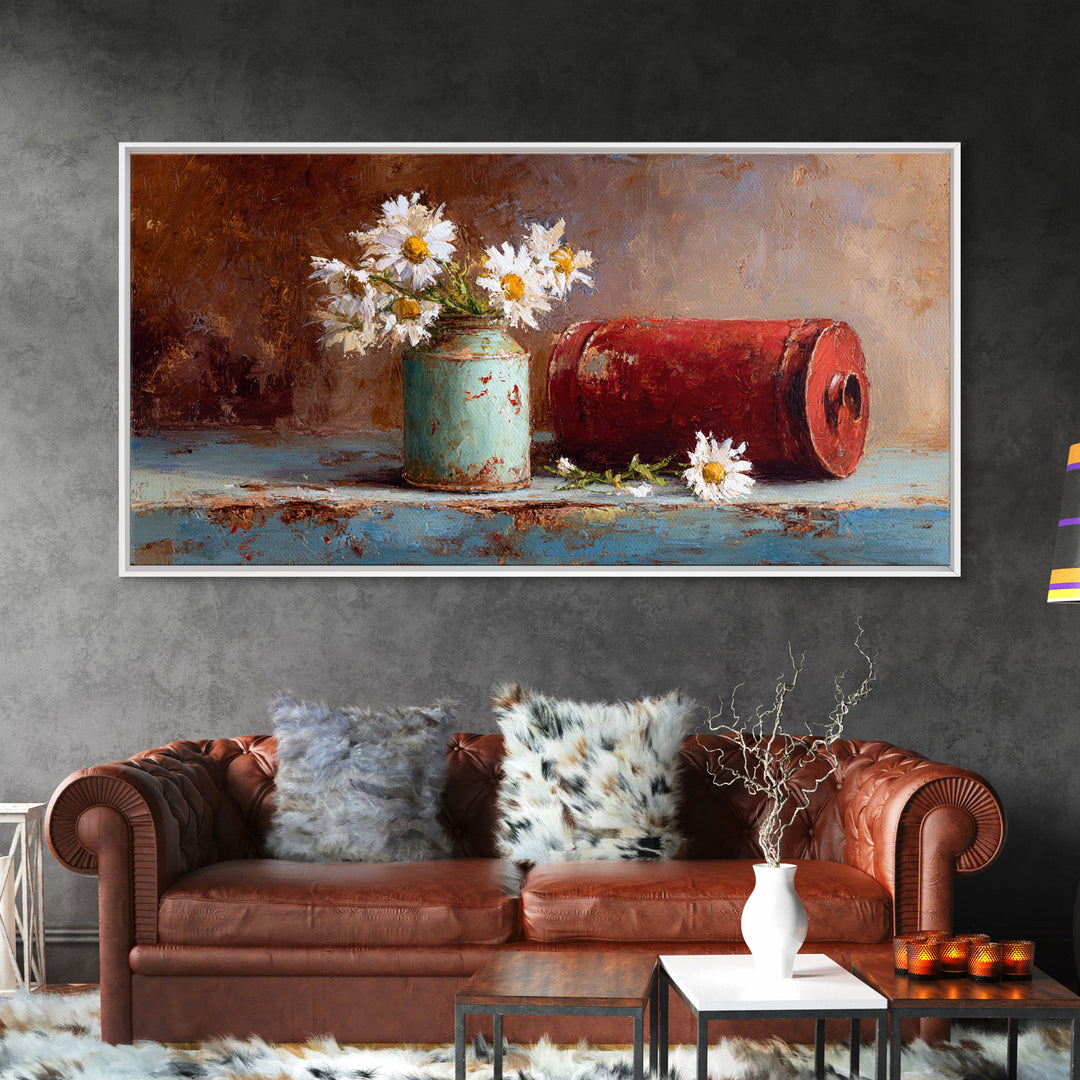 Milk Can and Daisies Rustic Still Life Framed Canvas Print, Country Art, Oil Painting, Farmhouse Decor, Watercolor Art, Country, COU-2x1-81
