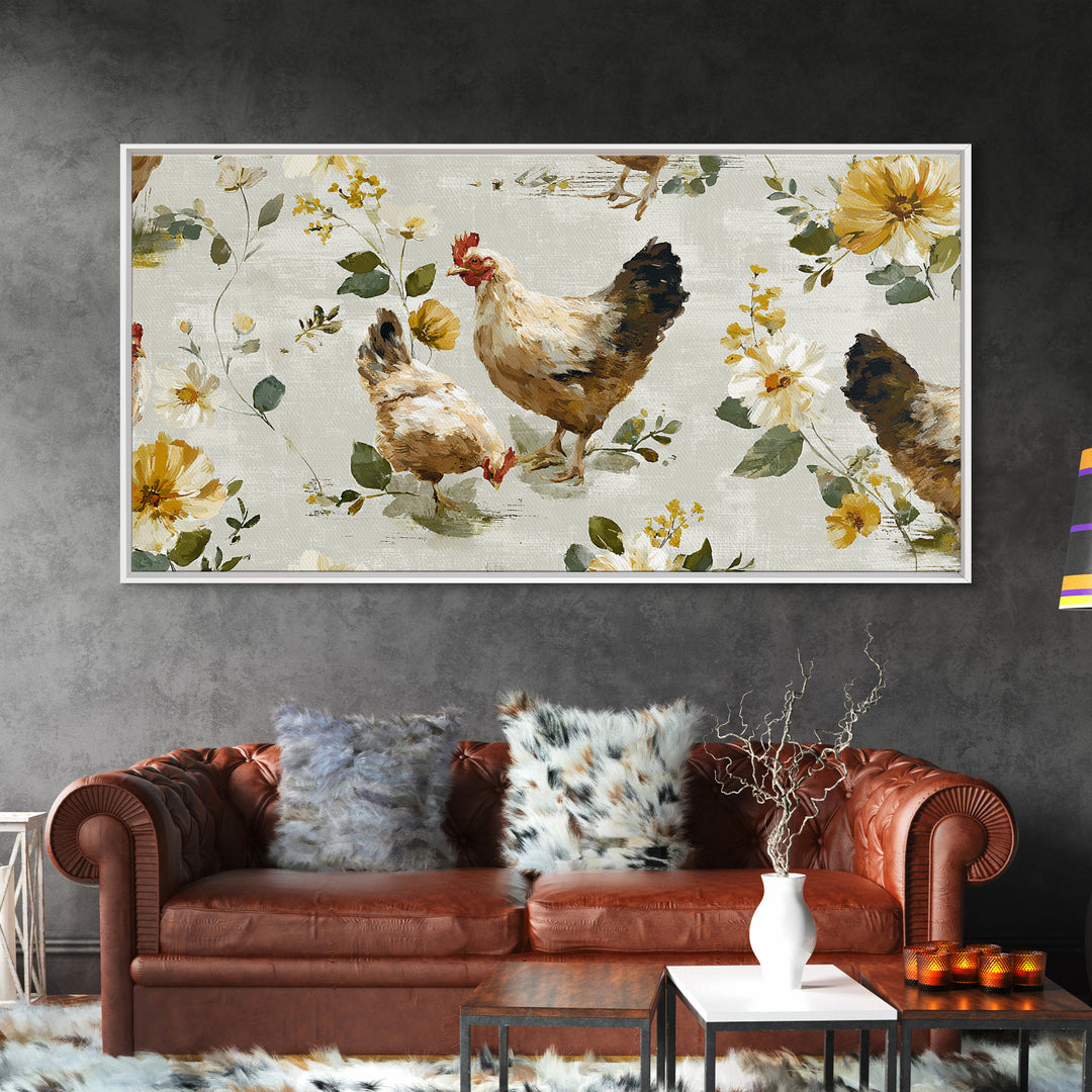 Chickens Pecking Near Garden Flowers Canvas Print, Country Art, Wall Art, Farmhouse Decor, Watercolor Art, Country, COU-2x1-82