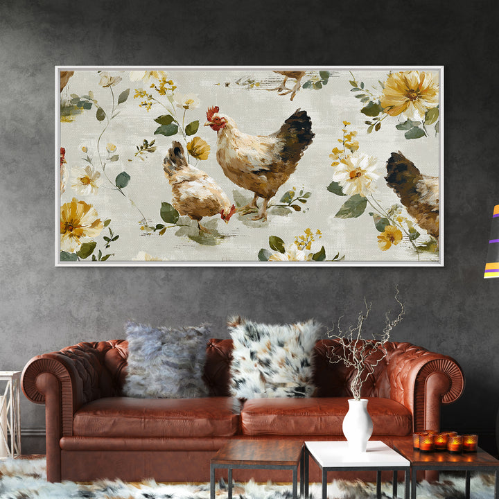 Chickens Pecking Near Garden Flowers Canvas Print, Country Art, Wall Art, Farmhouse Decor, Watercolor Art, Country, COU-2x1-82
