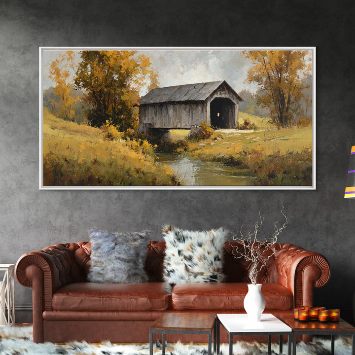 Covered Bridge over a Quiet Creek Framed Canvas Print, Country Art, Contemporary Art, Farmhouse Decor, Fine Art, Country, COU-2x1-83