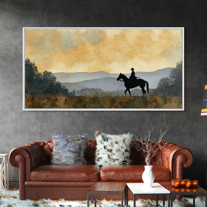 Horse and Rider Silhouette at Dusk Framed Canvas Print, Country Art, Digital Wall Art, Farmhouse Decor, Fine Art, Country, COU-2x1-85