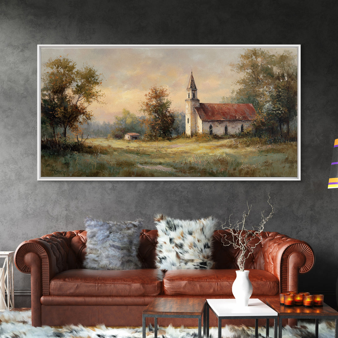 Country Church Steeple Beyond Trees Framed Canvas Print, Country Art, Digital Art Prints, Farmhouse Decor, Fine Art, Country, COU-2x1-87