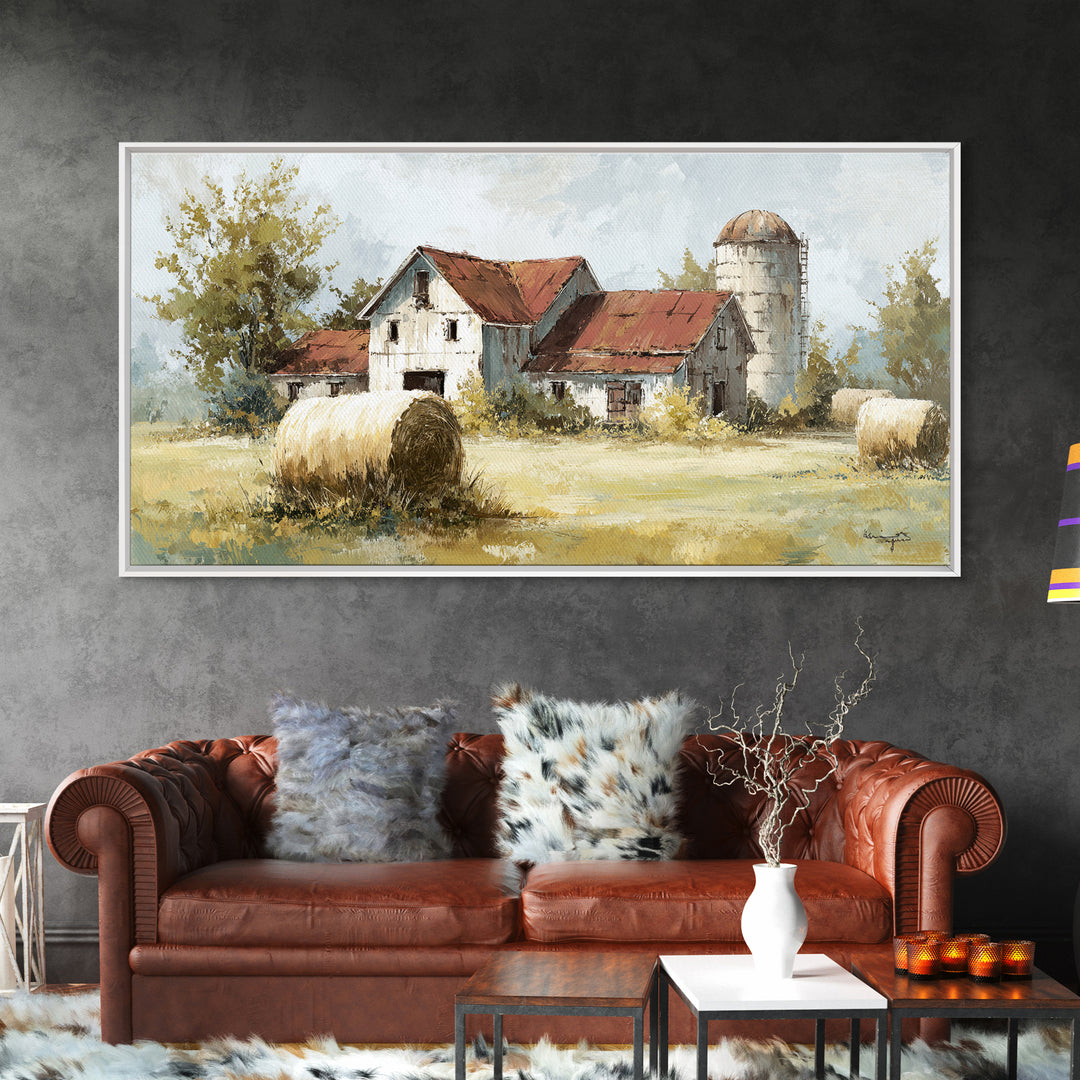 Hay Bales in Late Afternoon Sun Framed Canvas Print, Country Art, Digital Print, Farmhouse Decor, Country, French Country, COU-2x1-88