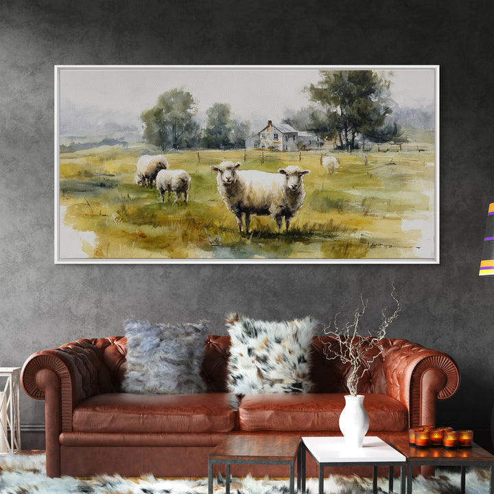 Watercolor Sheep in a Green Pasture Framed Canvas Print, Country Art, Printable Wall Art, Farmhouse Decor, Fine Art, Country, COU-2x1-91