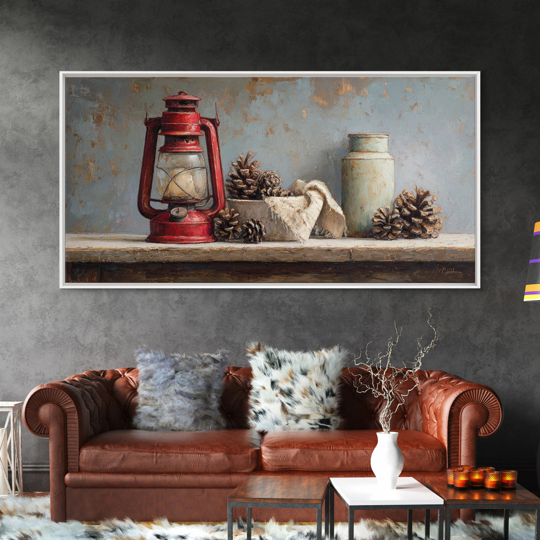 Old Lantern and Pinecones Still Life Framed Canvas Print, Country Art, Printable Art, Farmhouse Decor, Oil Painting, Country, COU-2x1-92