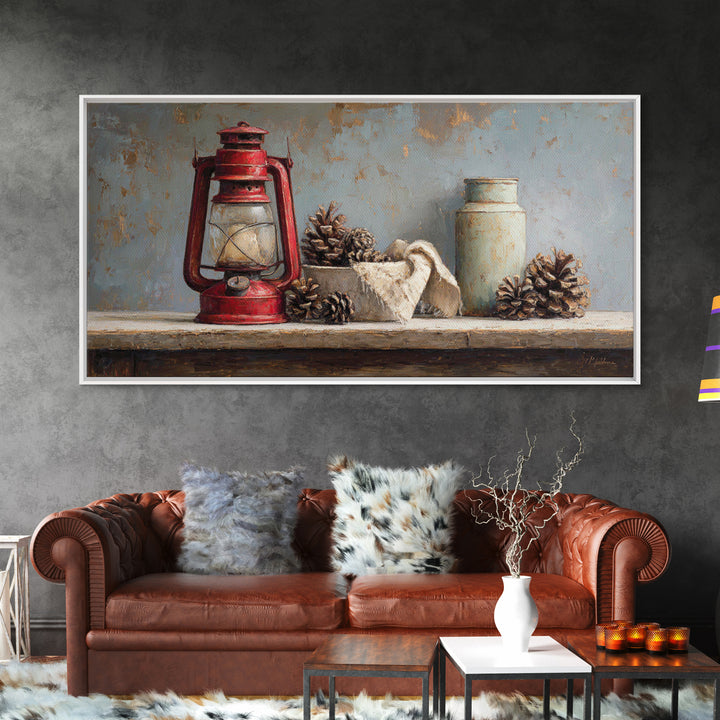 Old Lantern and Pinecones Still Life Framed Canvas Print, Country Art, Printable Art, Farmhouse Decor, Oil Painting, Country, COU-2x1-92