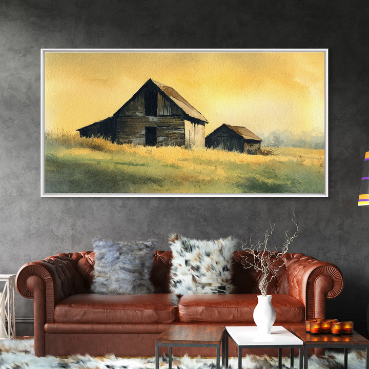Rustic Barn Silhouette Framed Canvas Print, Country Art, Landscape Wall Art, Farmhouse Decor, Fine Art, Country, COU-2x1-95