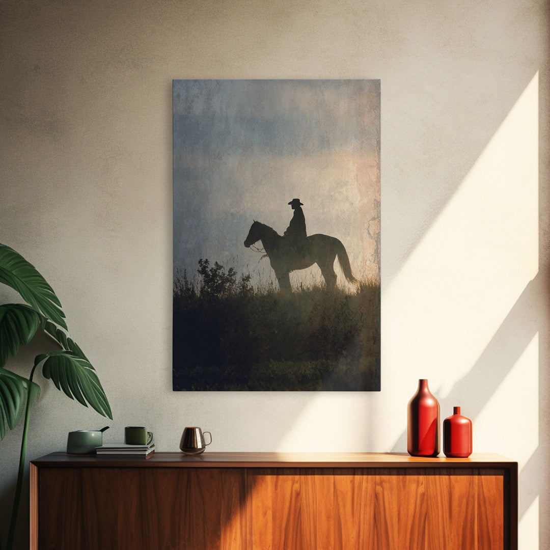 Horse and Rider Silhouette at Dusk Framed Canvas Print, Country Art, Wall Art, Farmhouse Decor, Fine Art, Country, COU-2x3-1