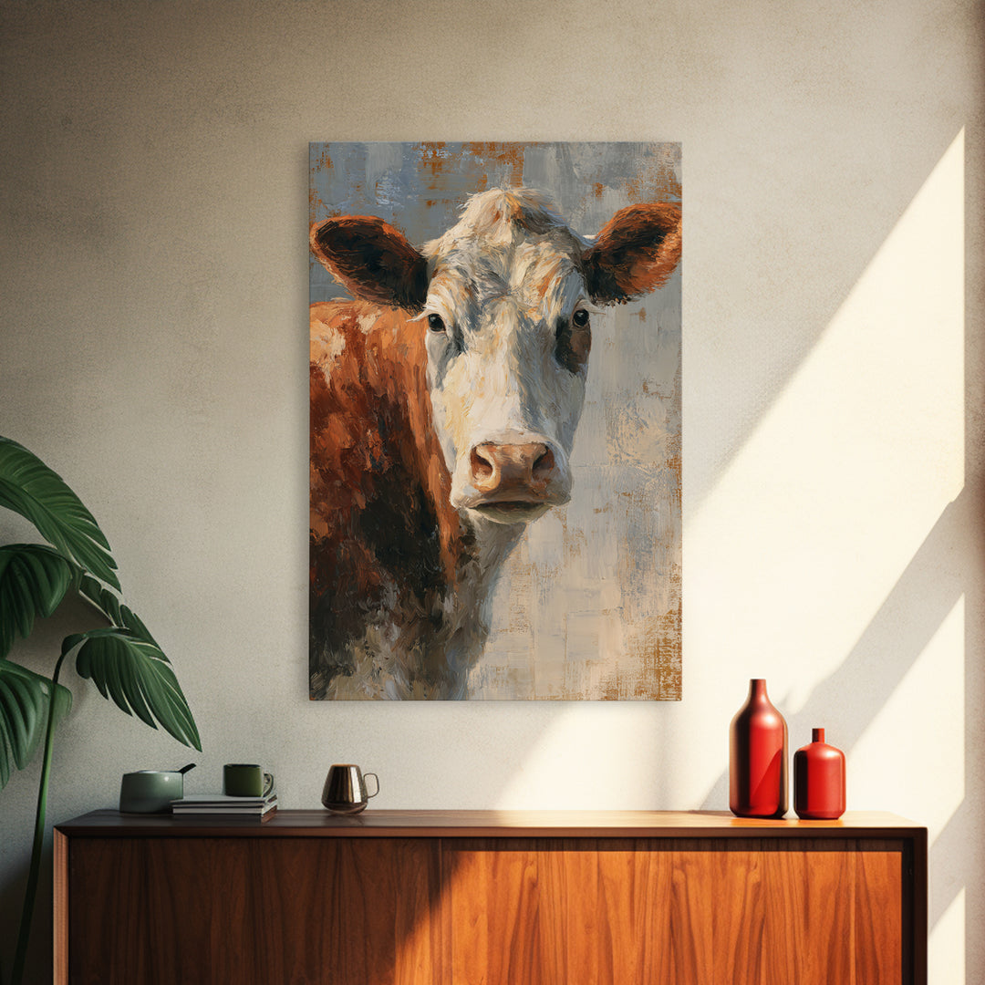 Cow Portrait with Gentle Farmhouse Personality Framed Canvas Print, Country Art, Minimalist Decor, Farmhouse Decor, Country, COU-2x3-12
