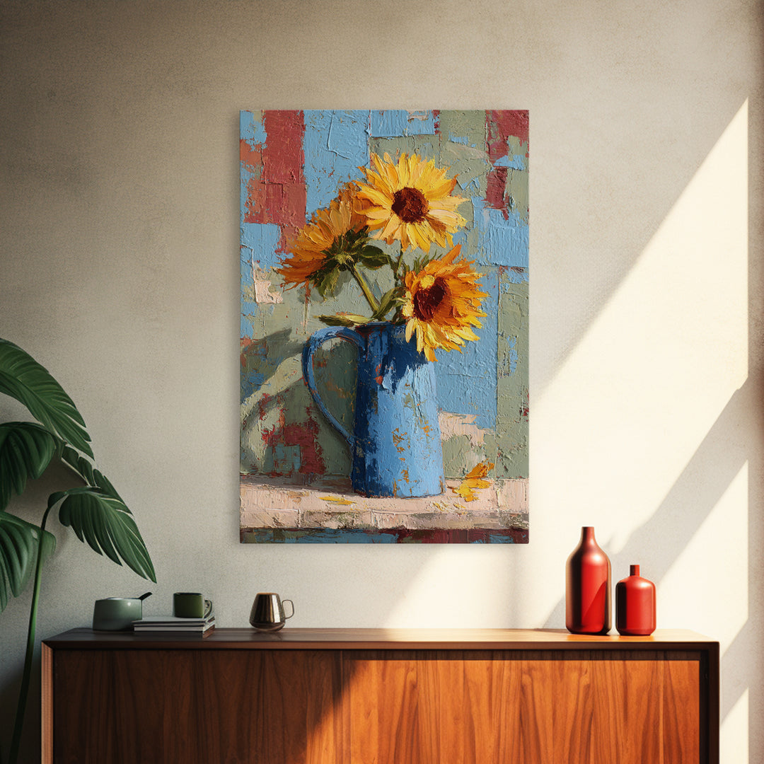 Sunflowers in a Blue Enamel Pitcher Canvas Print, Country Art, Floral Wall Art, Farmhouse Decor, Country, Fine Art Print, COU-2x3-16