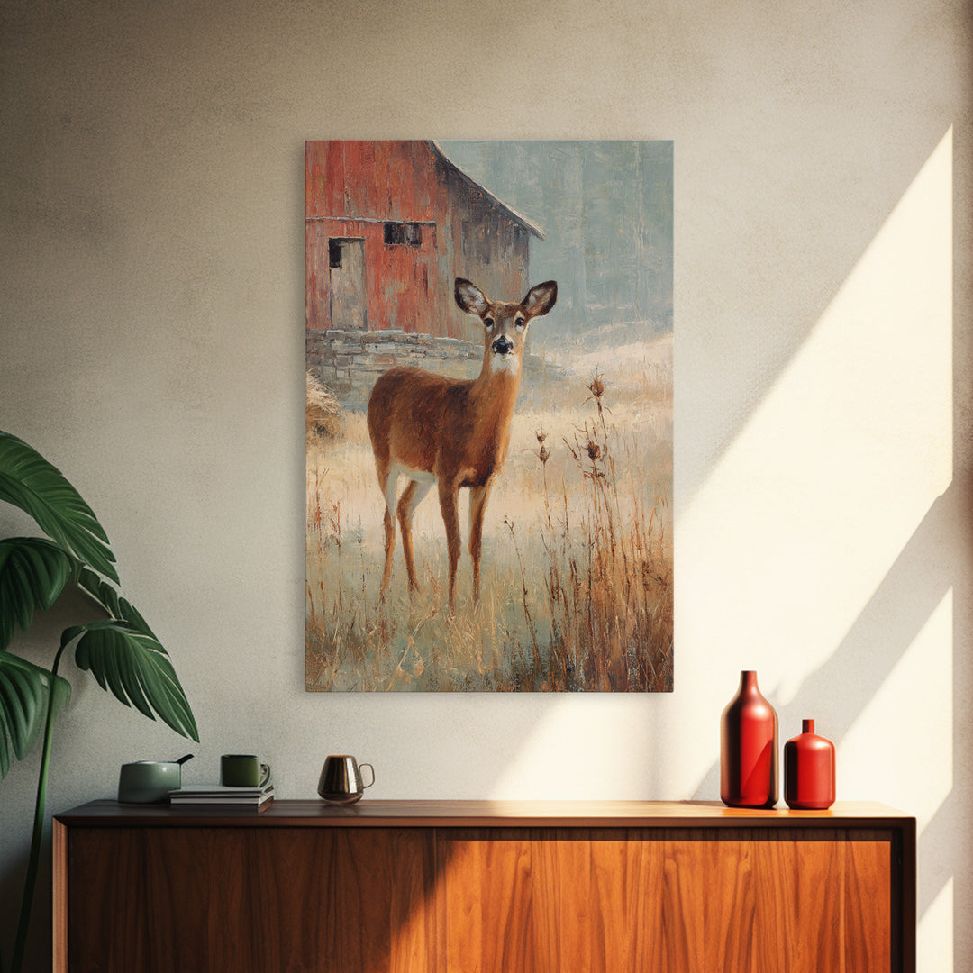 Deer Crossing a Misty Morning Field Framed Canvas Print, Country Art, Wall Decor, Farmhouse Decor, Fine Art, Country, COU-2x3-19