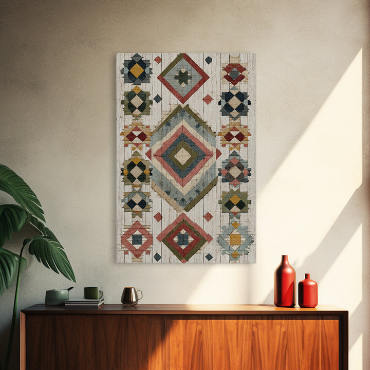 Quilt Geometric Folk Pattern Framed Canvas Print, Country Art, Farmhouse Decor, Abstract Art, Country, Watercolor Painting, COU-2x3-20