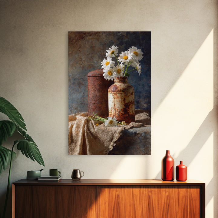 Milk Can and Daisies Rustic Still Life Framed Canvas Print, Country Art, Farmhouse Decor, Oil Painting, Country, COU-2x3-21