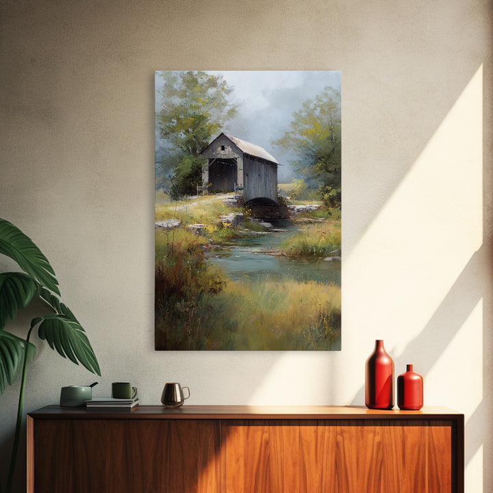 Covered Bridge over a Quiet Creek Canvas Print, Country Art, Luxury Decor, Farmhouse Decor, Fine Art, Country, COU-2x3-23