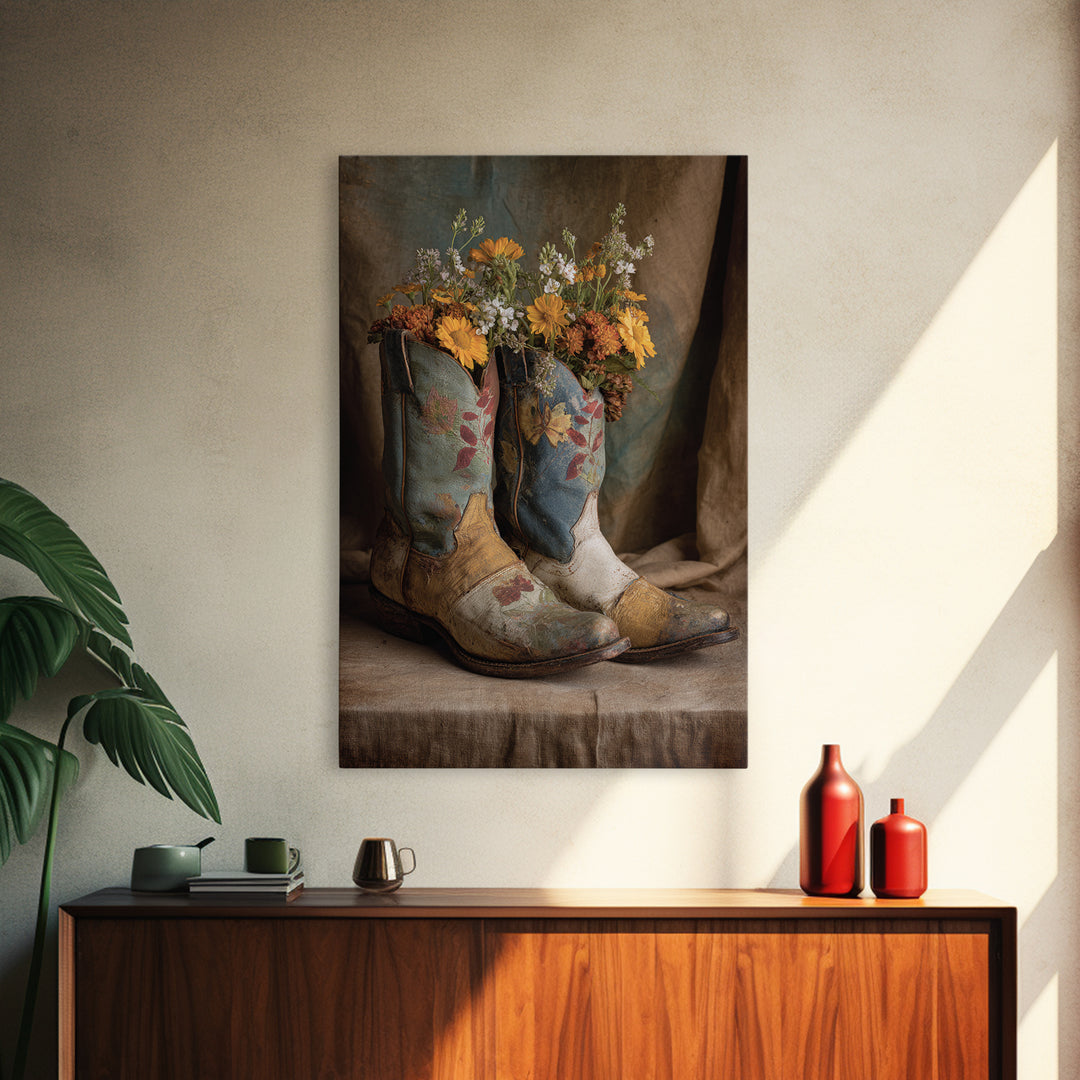 Weathered Boots with Wildflowers Tucked Inside Canvas Print, Country Art, Eclectic Wall Art, Farmhouse Decor, Country, COU-2x3-24