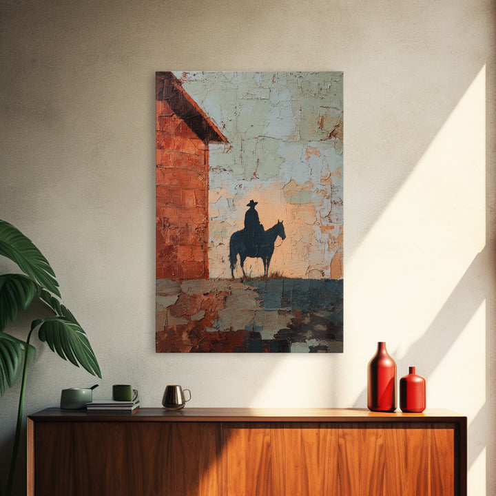 Horse and Rider Silhouette at Dusk Framed Canvas Print, Country Art, Wall Art, Farmhouse Decor, Fine Art, Country, COU-2x3-25