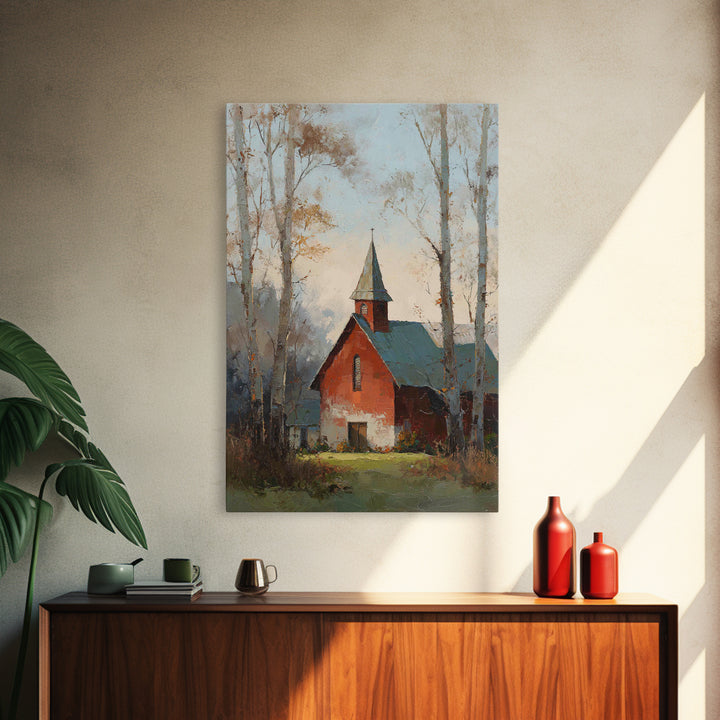 Country Church Steeple Beyond Trees Framed Canvas Print, Country Art, Gallery Wall Art, Farmhouse Decor, Fine Art, Country, COU-2x3-3