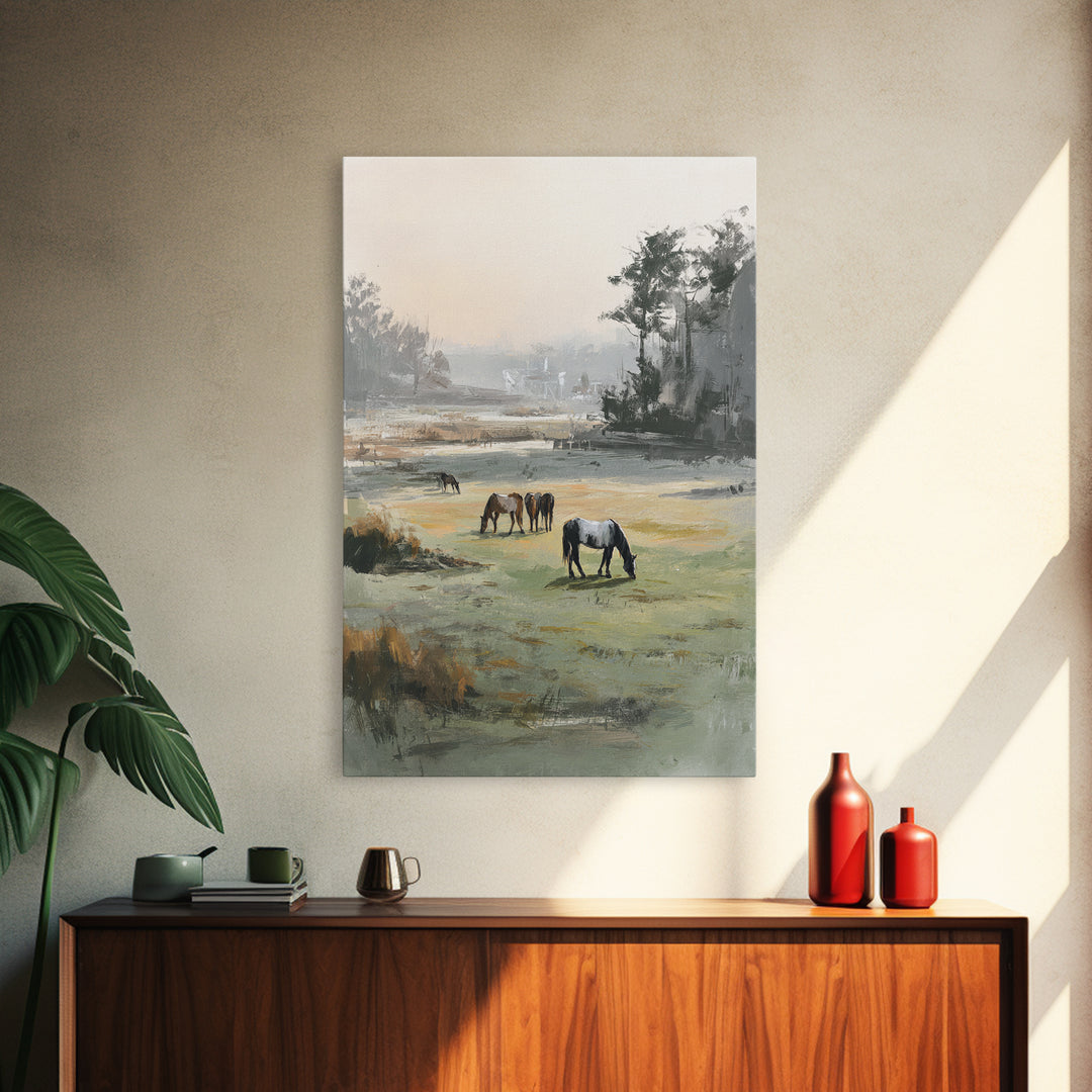 Rolling Pasture with Grazing Horses at Sunrise Canvas Print, Country Art, Original Painting, Farmhouse Decor, Country, COU-2x3-33