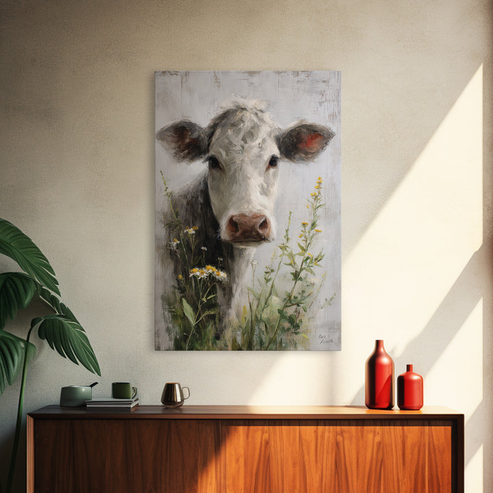 Cow Portrait with Gentle Farmhouse Personality Framed Canvas Print, Country Art, Digital Art Prints, Farmhouse Decor, Country, COU-2x3-36