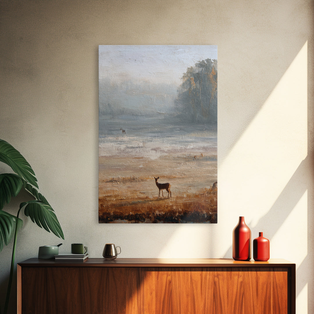 Deer Crossing a Misty Morning Field Framed Canvas Print, Country Art, Contemporary Art, Farmhouse Decor, Fine Art, Country, COU-2x3-43