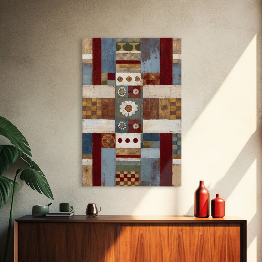 Quilt Geometric Folk Pattern Framed Canvas Print, Country Art, Landscape Wall Art, Farmhouse Decor, Abstract Art, Country, COU-2x3-44