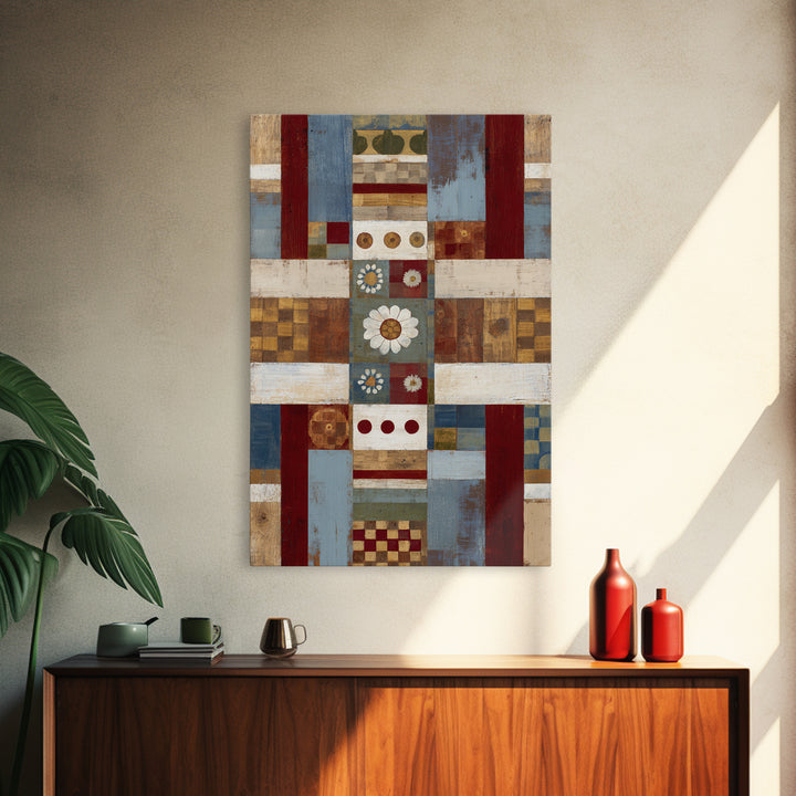 Quilt Geometric Folk Pattern Framed Canvas Print, Country Art, Landscape Wall Art, Farmhouse Decor, Abstract Art, Country, COU-2x3-44