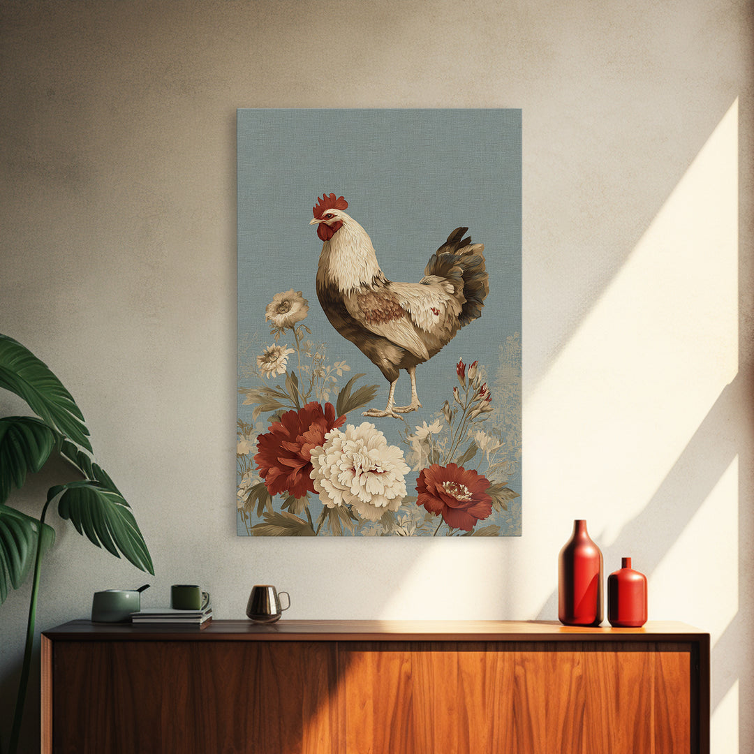 Chickens Pecking Near Garden Flowers Framed Canvas Print, Country Art, Textured Painting, Farmhouse Decor, Fine Art, Country, COU-2x3-46