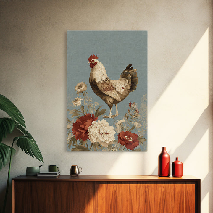 Chickens Pecking Near Garden Flowers Framed Canvas Print, Country Art, Textured Painting, Farmhouse Decor, Fine Art, Country, COU-2x3-46