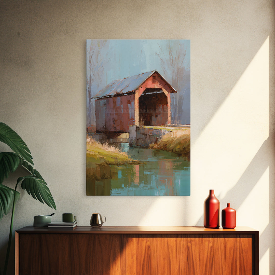 Covered Bridge over a Quiet Creek Framed Canvas Print, Country Art, Wall Art, Farmhouse Decor, Abstract Art, Country, COU-2x3-47