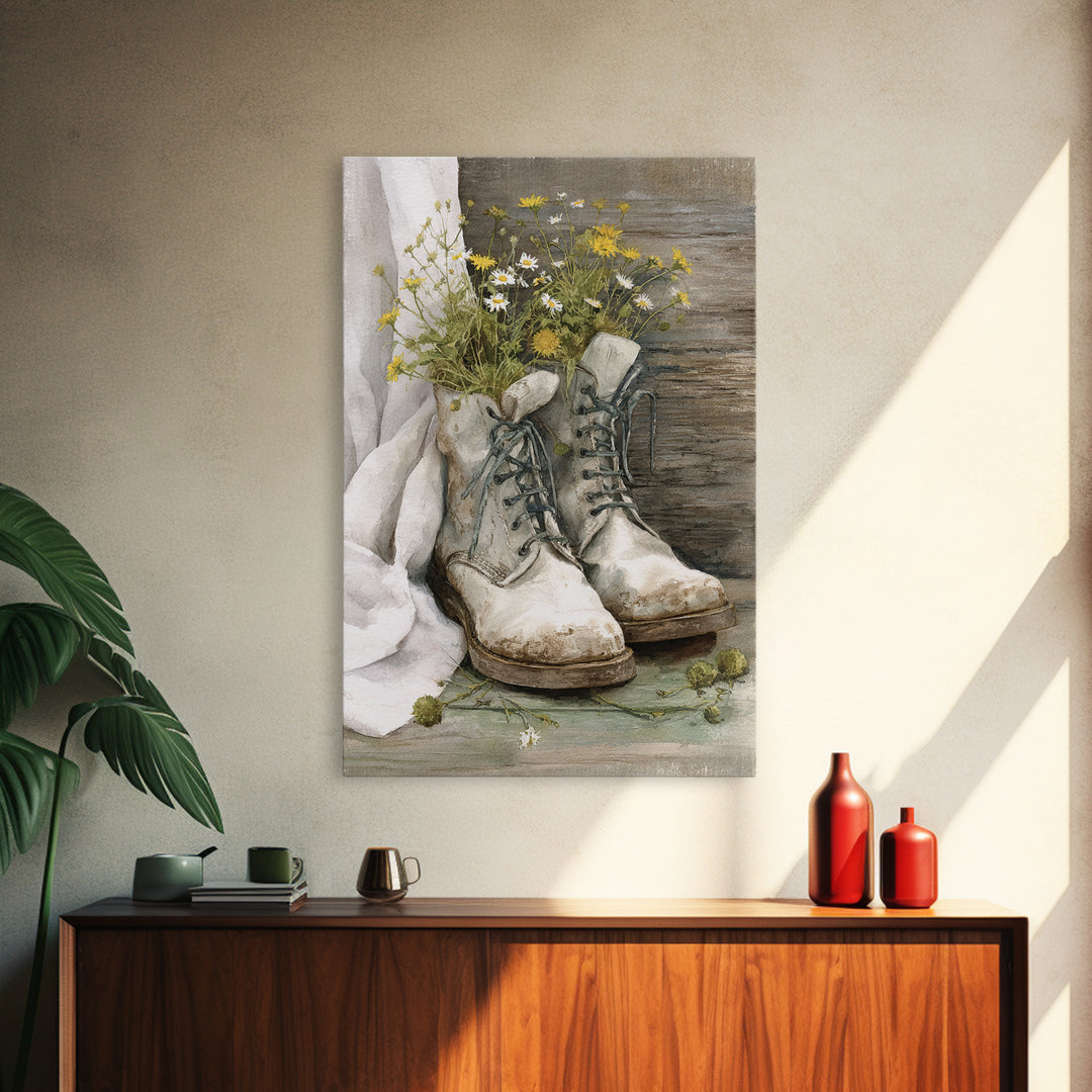 Weathered Boots with Wildflowers Tucked Inside Framed Canvas Print, Country Art, Statement Artwork, Farmhouse Decor, Country, COU-2x3-48