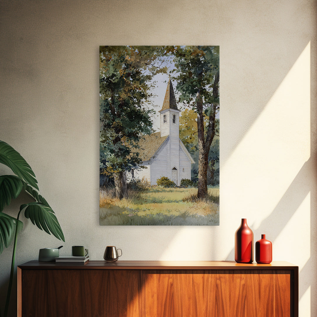 Country Church Steeple Beyond Trees Framed Canvas Print, Country Art, Room Decor, Farmhouse Decor, Oil Painting, Country, COU-2x3-51