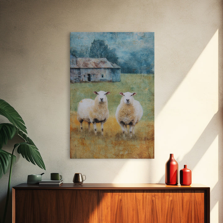 Watercolor Sheep in a Green Pasture Framed Canvas Print, Country Art, Textured Painting, Farmhouse Decor, Fine Art, Country, COU-2x3-55