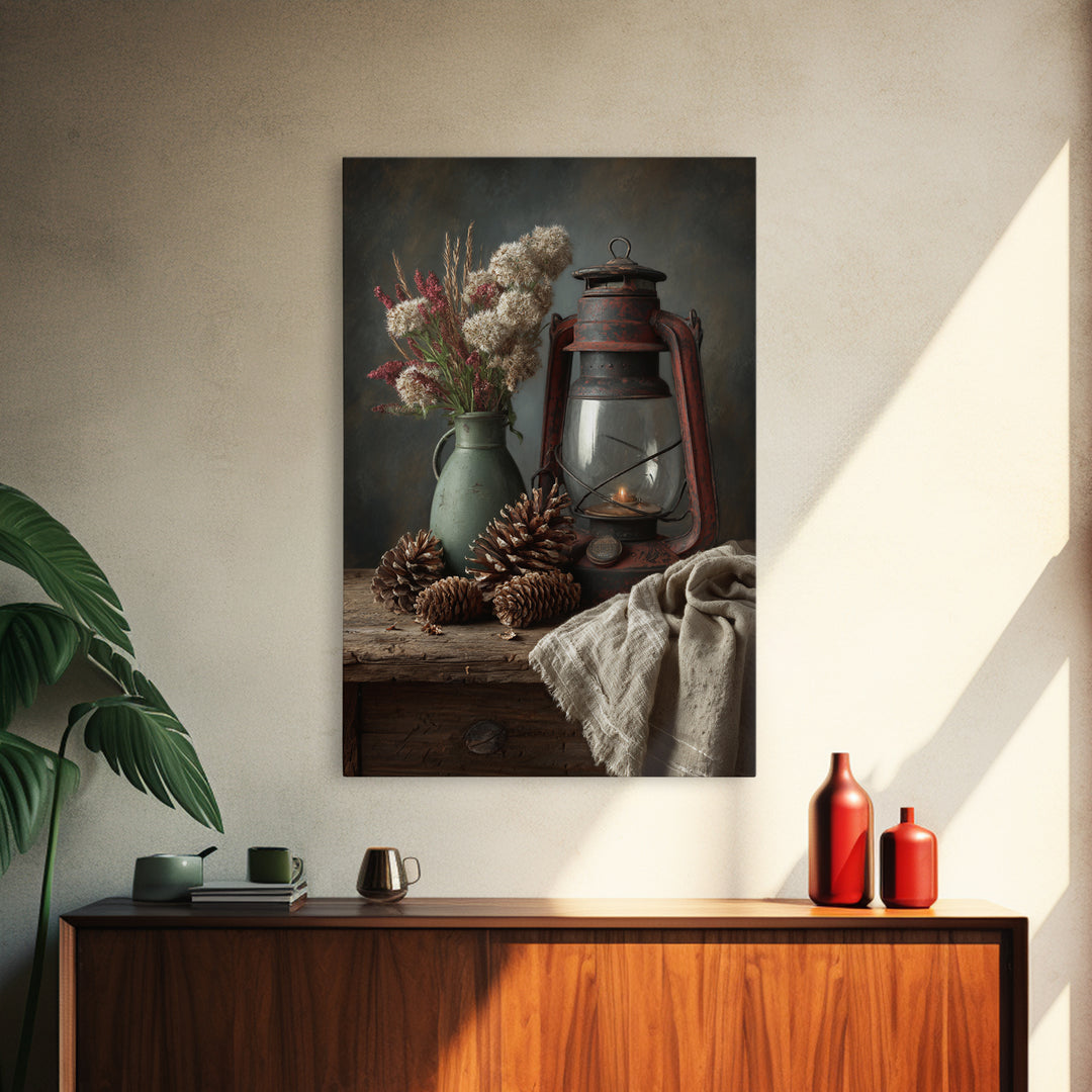 Old Lantern and Pinecones Still Life Framed Canvas Print, Country Art, Wall Decor, Farmhouse Decor, Abstract Art, Country, COU-2x3-56