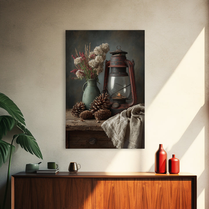 Old Lantern and Pinecones Still Life Framed Canvas Print, Country Art, Wall Decor, Farmhouse Decor, Abstract Art, Country, COU-2x3-56