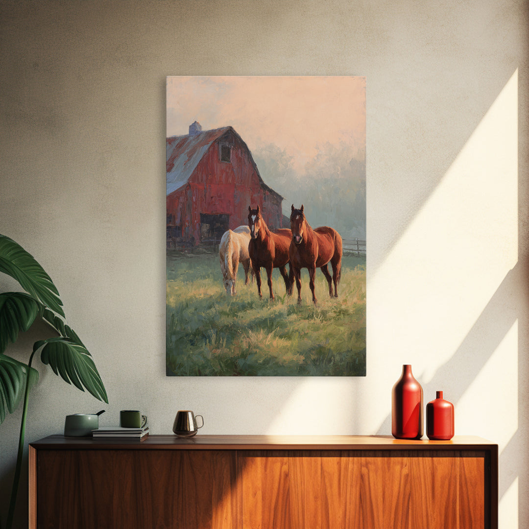 Rolling Pasture with Grazing Horses at Sunrise Canvas Print, Country Art, Printable Art, Farmhouse Decor, Oil Painting, Country, COU-2x3-57
