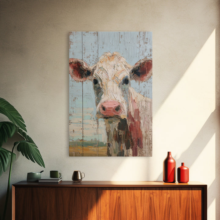Cow Portrait with Gentle Farmhouse Personality Framed Canvas Print, Country Art, Wall Art, Farmhouse Decor, Oil Painting, COU-2x3-60
