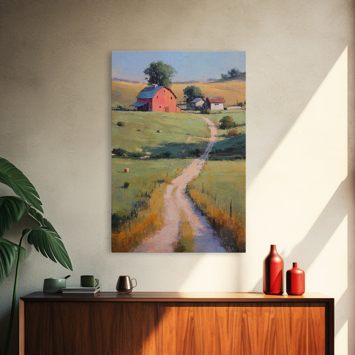 Country Road Disappearing into Green Hills Framed Canvas Print, Country Art, Digital Prints, Farmhouse Decor, Watercolor Art, COU-2x3-63