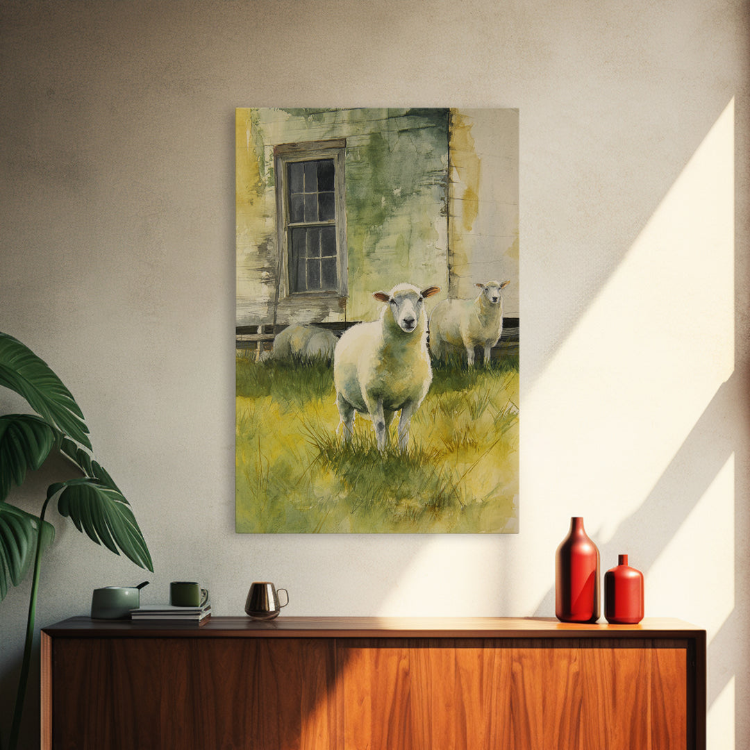 Watercolor Sheep in a Green Pasture Canvas Print, Country Art, Landscape Painting, Farmhouse Decor, Fine Art, Country, COU-2x3-7