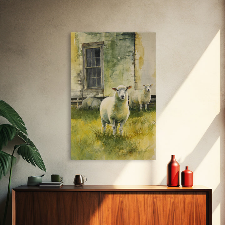 Watercolor Sheep in a Green Pasture Canvas Print, Country Art, Landscape Painting, Farmhouse Decor, Fine Art, Country, COU-2x3-7