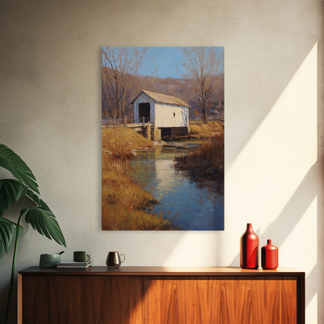 Covered Bridge over a Quiet Creek Canvas Print, Country Art, Art Print, Farmhouse Decor, Fine Art, Country, Watercolor Painting, COU-2x3-71