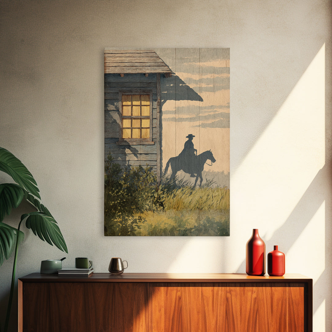 Horse and Rider Silhouette at Dusk Framed Canvas Print, Country Art, Large Wall Art, Farmhouse Decor, Fine Art, Country, COU-2x3-73