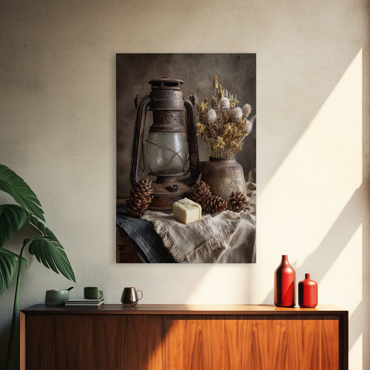 Old Lantern and Pinecones Still Life Framed Canvas Print, Country Art, Farmhouse Wall Decor, Farmhouse Decor, Oil Painting, COU-2x3-8