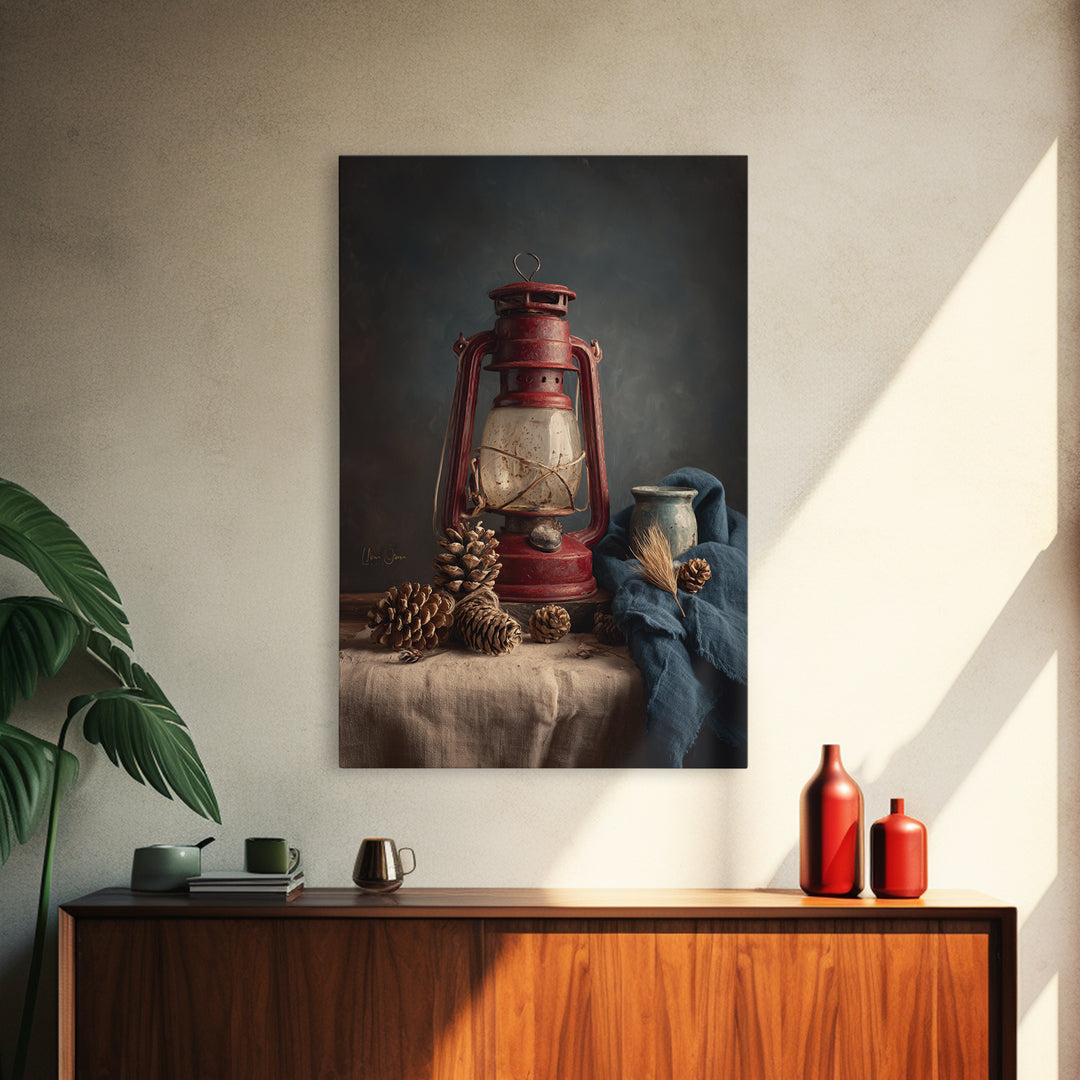 Old Lantern and Pinecones Still Life Framed Canvas Print, Country Art, Farmhouse Decor, Watercolor Art, Country, COU-2x3-80