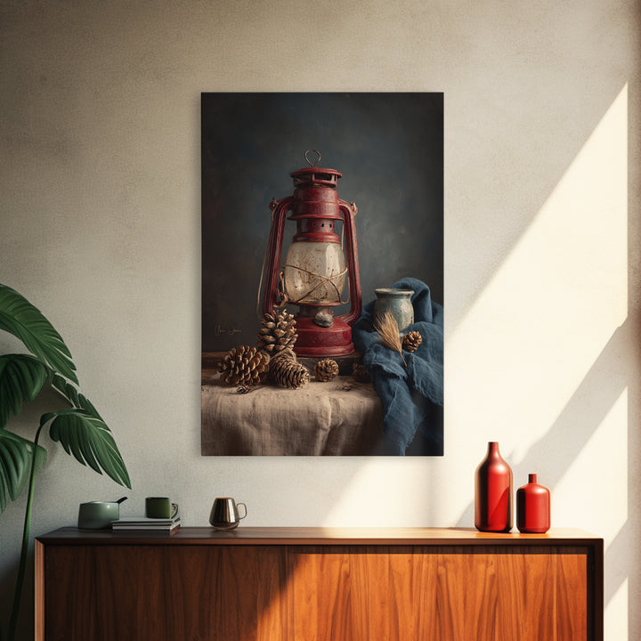 Old Lantern and Pinecones Still Life Framed Canvas Print, Country Art, Farmhouse Decor, Watercolor Art, Country, COU-2x3-80
