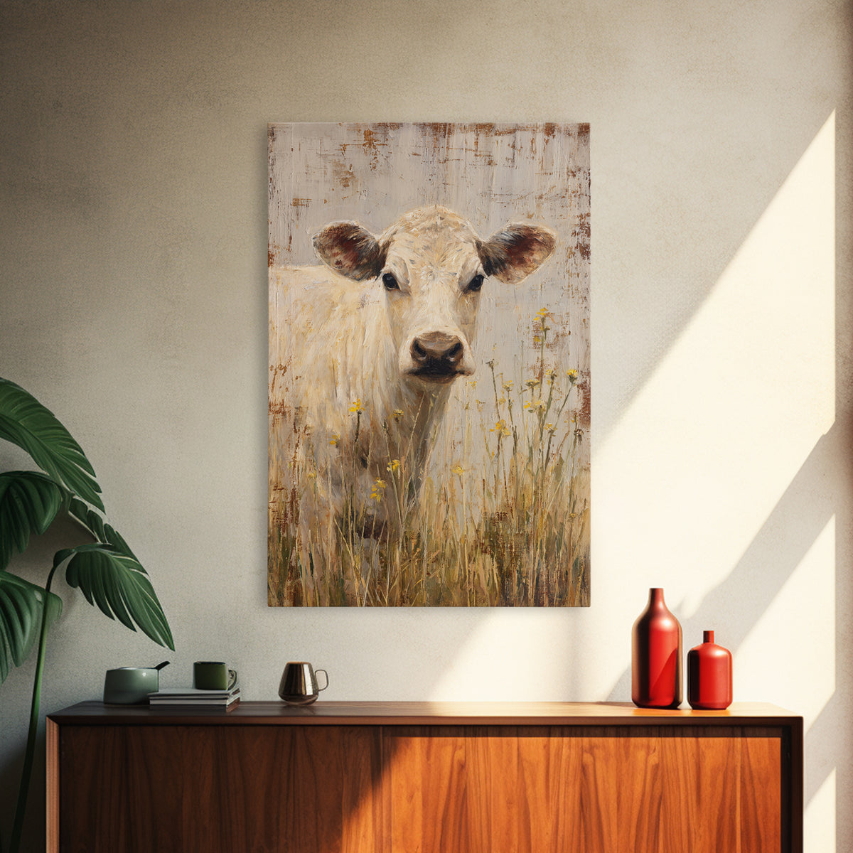 Cow Portrait with Gentle Farmhouse Personality Framed Canvas Print, Country Art, Landscape Painting, Farmhouse Decor, Country, COU-2x3-84