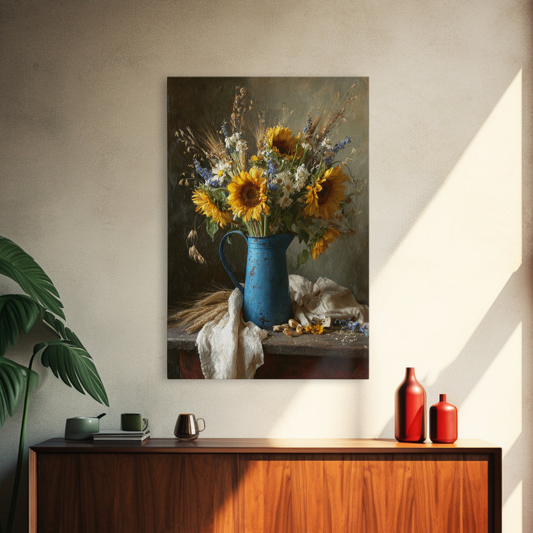 Sunflowers in a Blue Enamel Pitcher Framed Canvas Print, Country Art, Printable Wall Art, Farmhouse Decor, Fine Art, Country, COU-2x3-88