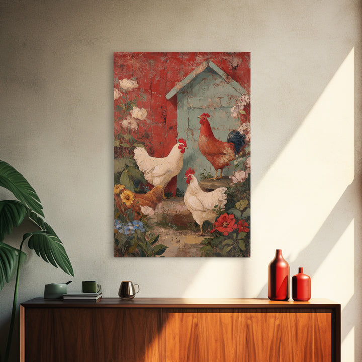 Chickens Pecking Near Garden Flowers Framed Canvas Print, Country Art, Farmhouse Decor, Watercolor Art, Country, COU-2x3-94