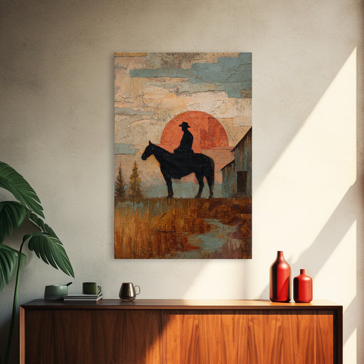 Horse and Rider Silhouette at Dusk Framed Canvas Print, Country Art, Large Wall Art, Farmhouse Decor, Fine Art, Country, COU-2x3-97